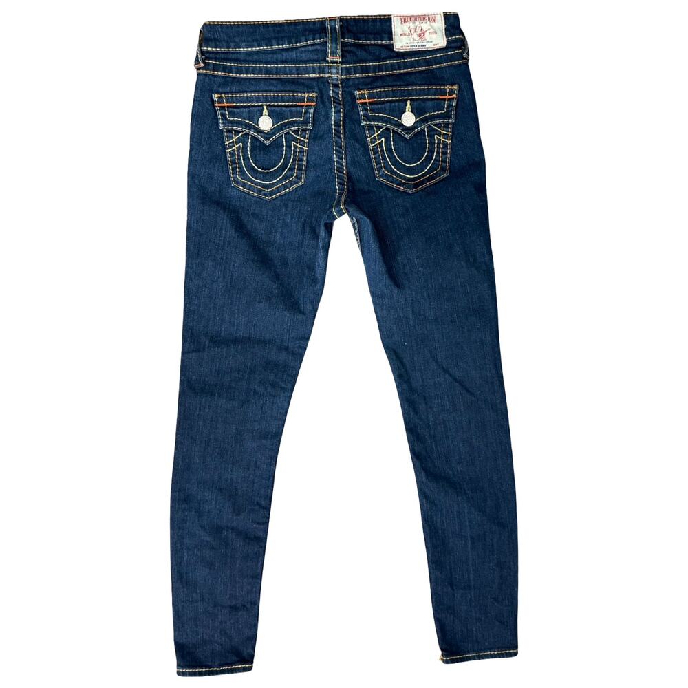 True Religion Dark Blue Low Rise Flap Big T Skinny Jeans Size 27 Contrast Stitch